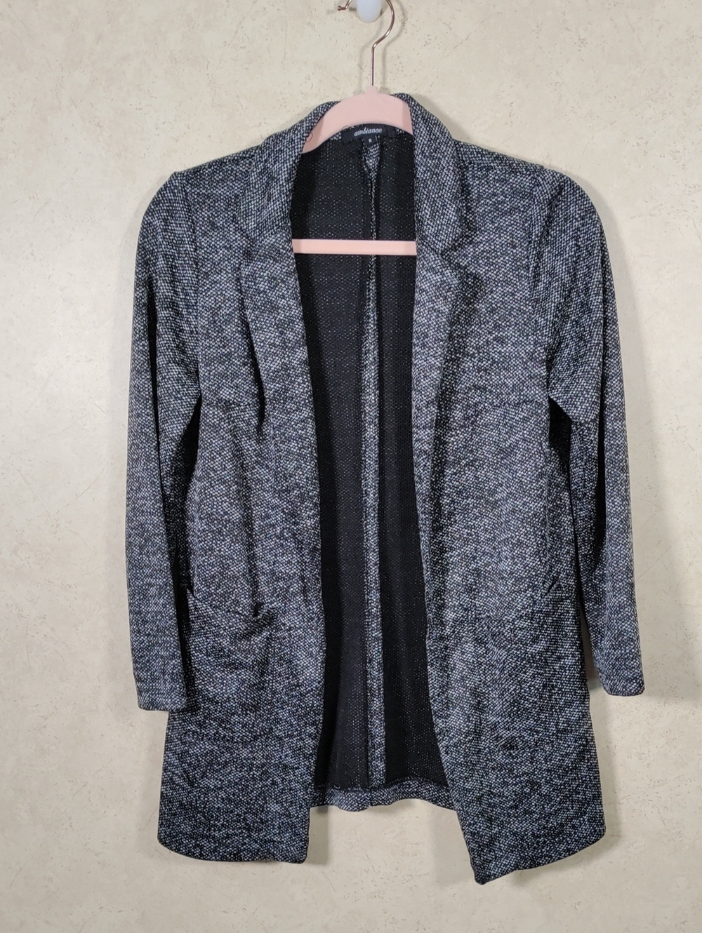 J129 Ambiance Black & White Knit Marbled Open Front Blazer S